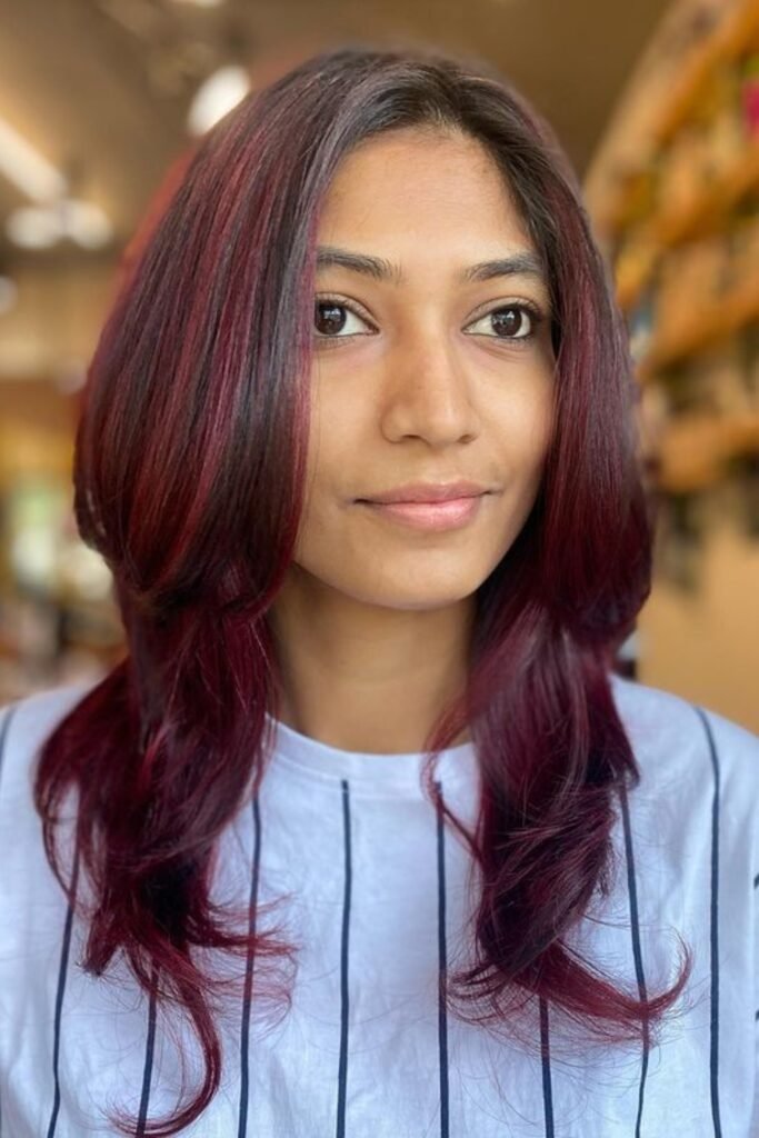 Burgundy low lights for Indian skin tone